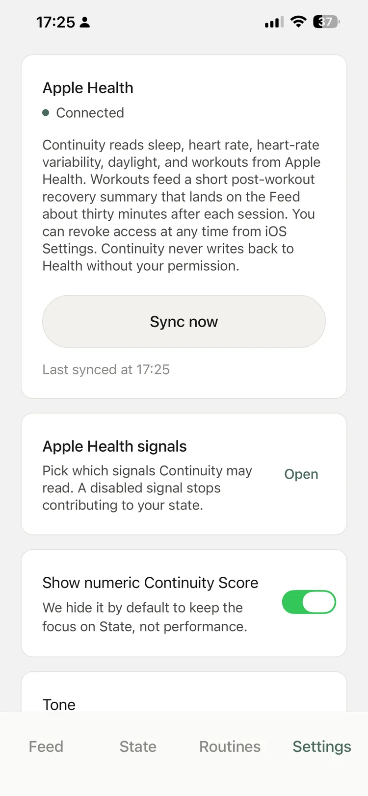 Continuity settings — Apple Health connected, read-only, revocable anytime