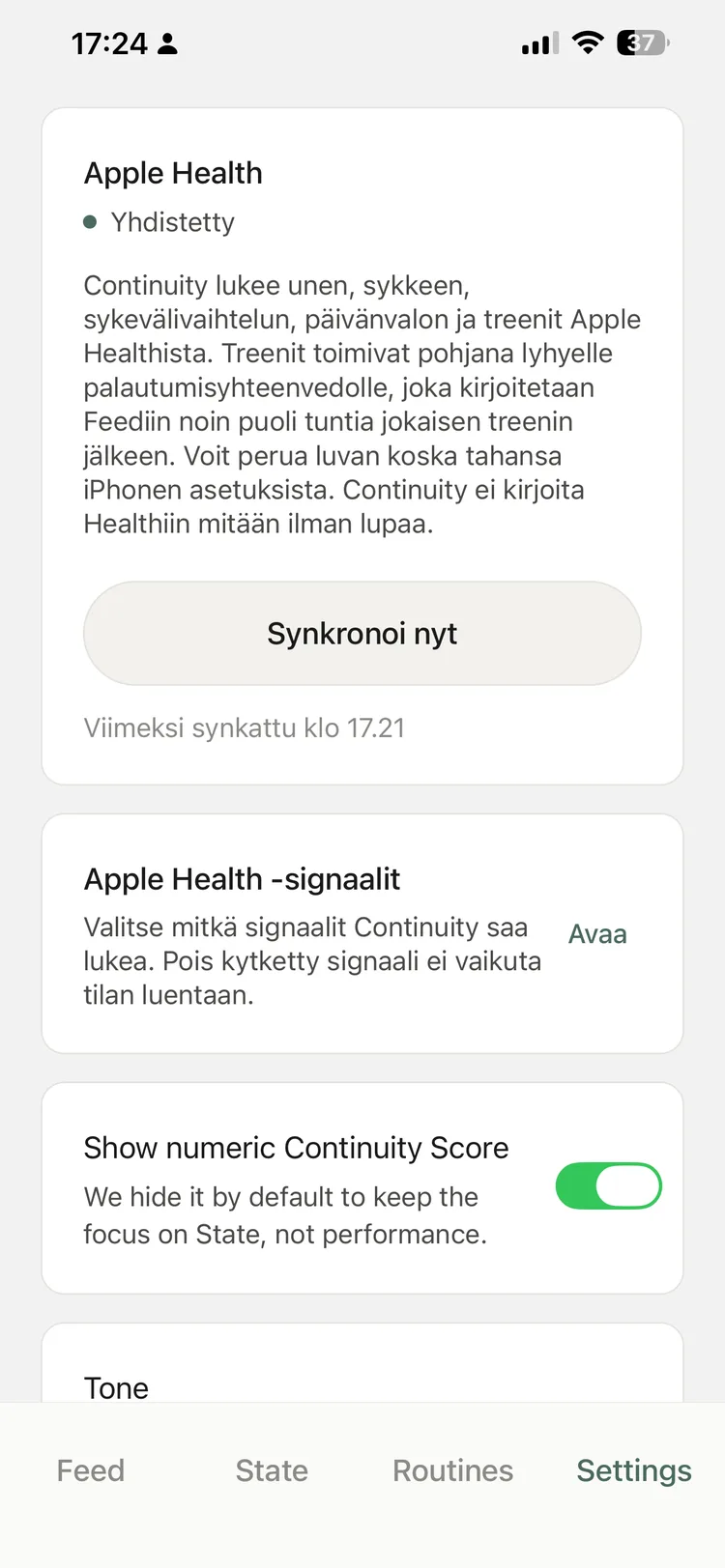 Continuityn asetukset – Apple Health yhdistetty, vain luku, peruttavissa milloin tahansa